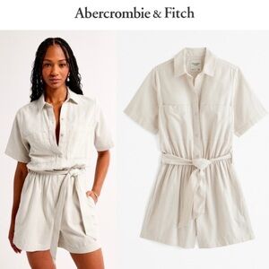 Abercrombie & Fitch Linen-Blend Utility Romper Cream Jumpsuit with Tie Waist 0